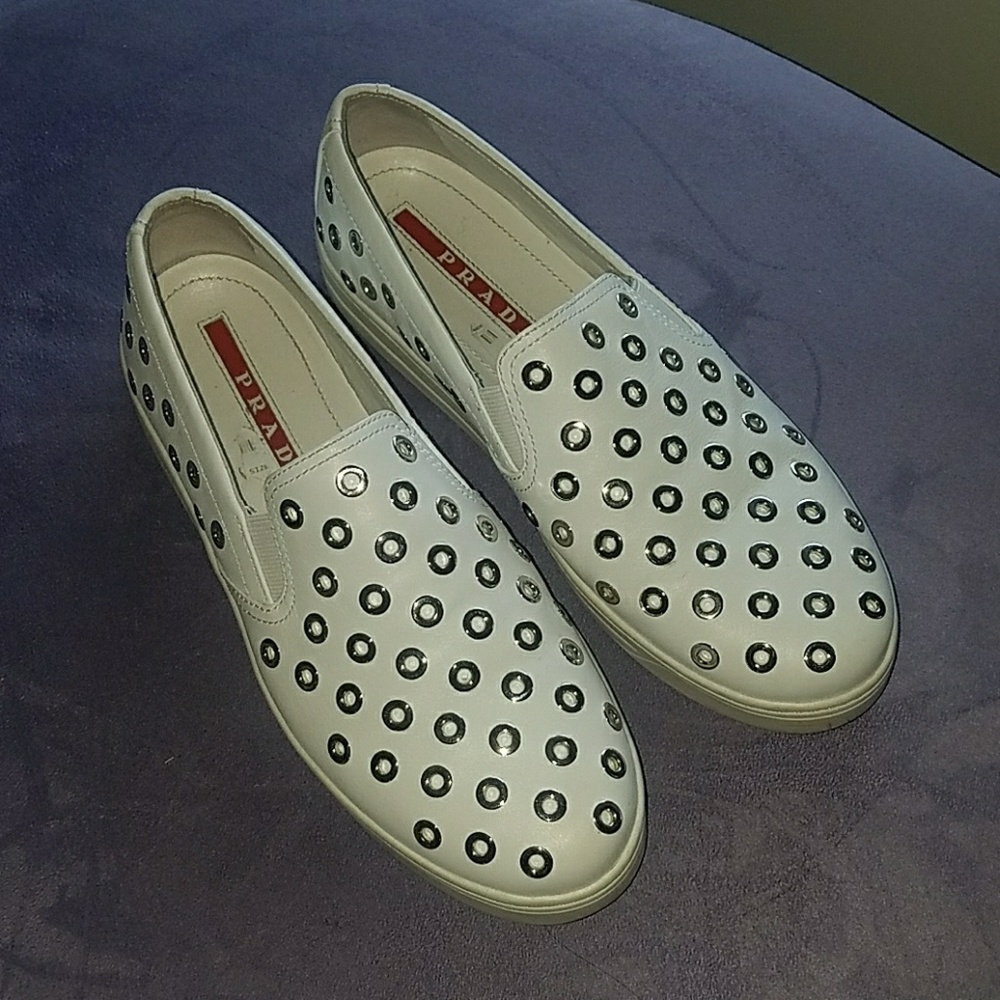 Prada white with silver metal slip on  size 8.5